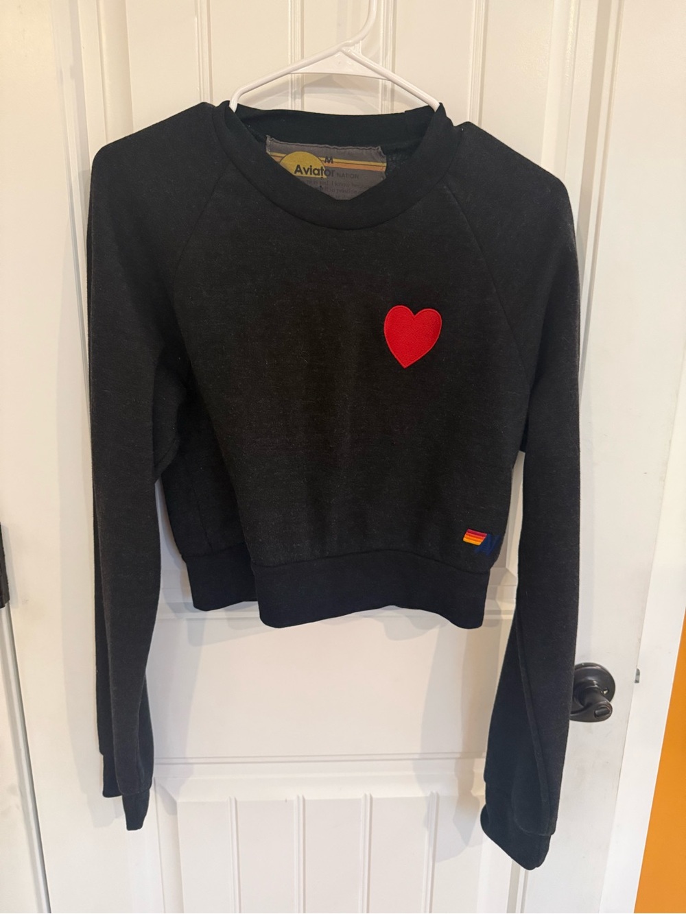 Aviator Nation Black Crewneck Sweatshirt with Red Heart Patch